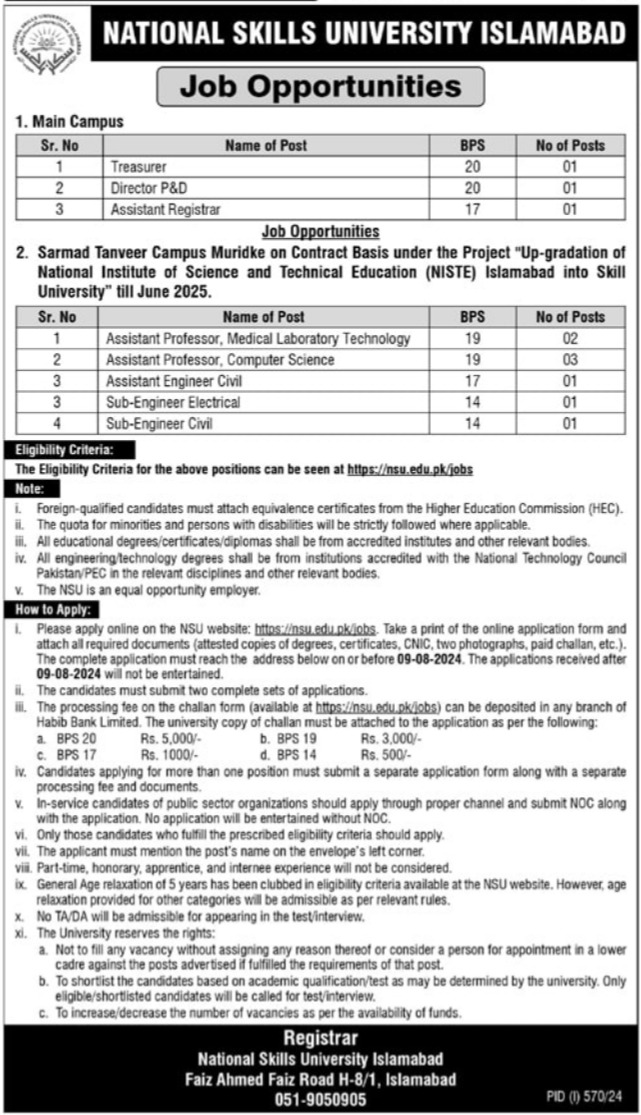National Skills University Jobs In Islamabad 2024 Detail