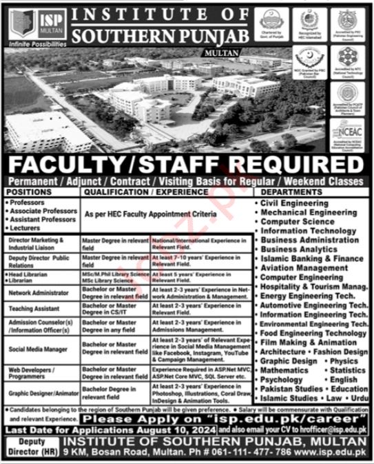 Institute Of Southern Punjab Jobs In Multan 2024 Detail