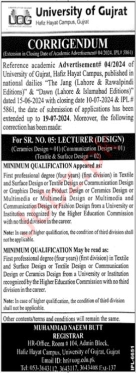 University Of Gujrat UOG Gujrat Job 2024 Detail