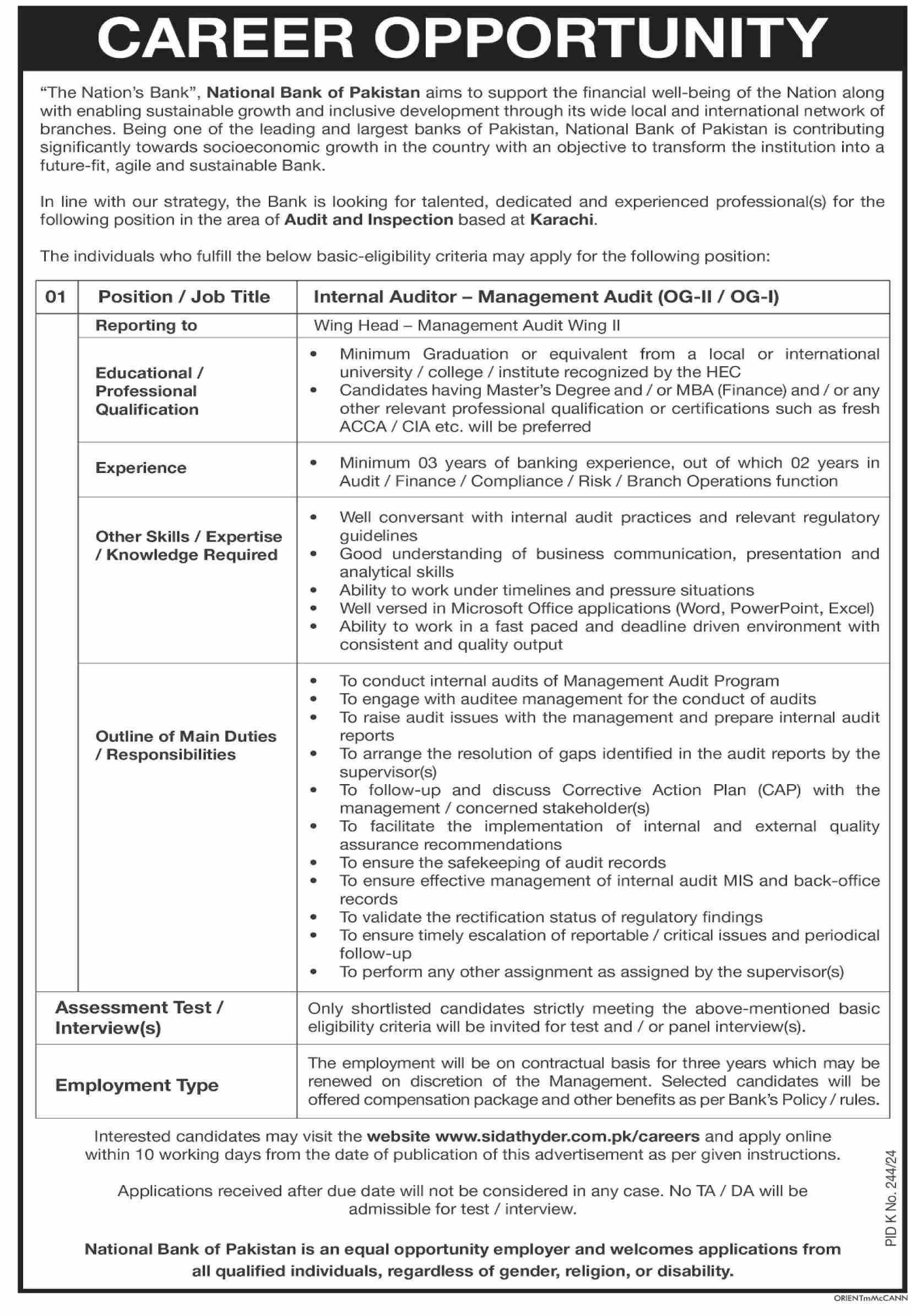 National Bank Of Pakistan NBP Jobs In Karachi 2024 Detail