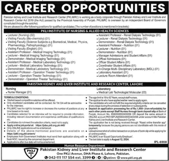 Pakistan Kidney And Liver Institute Jobs In Lahore 2024 Detail