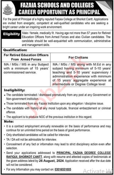 Fazaia Schools and Colleges Jobs In Shorkot 2024 Detail