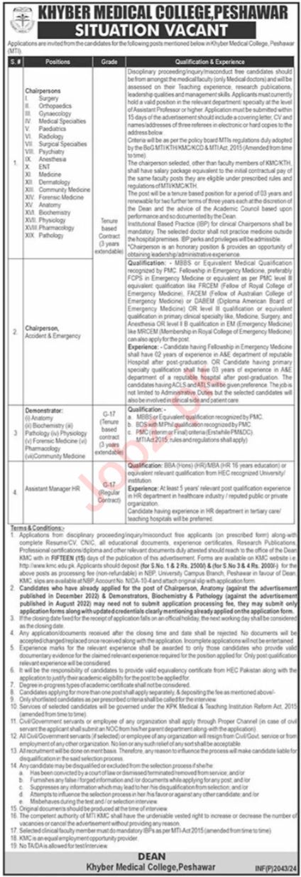 Khyber Medical College Jobs In Peshawar 2024 Detail