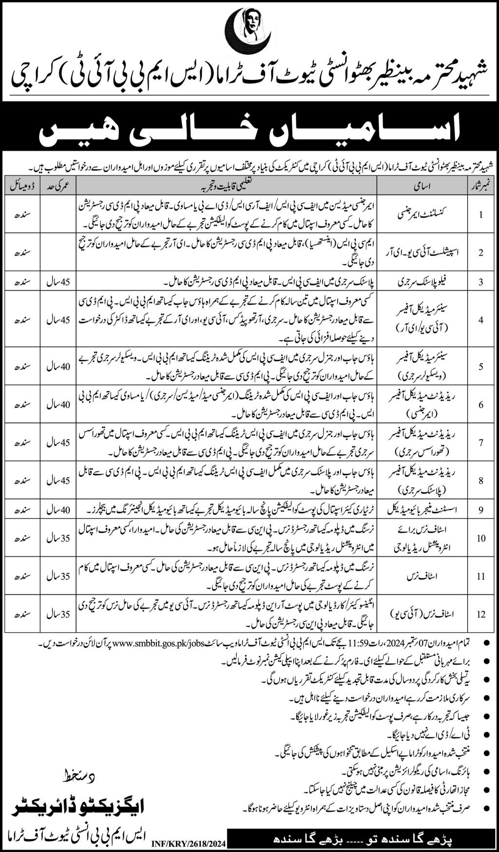 Benazir Institute Of Trauma Jobs In Karachi 2024 Detail