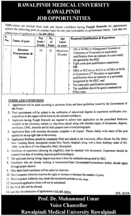 Rawalpindi Medical University Jobs In Rawalpindi 2024 Detail
