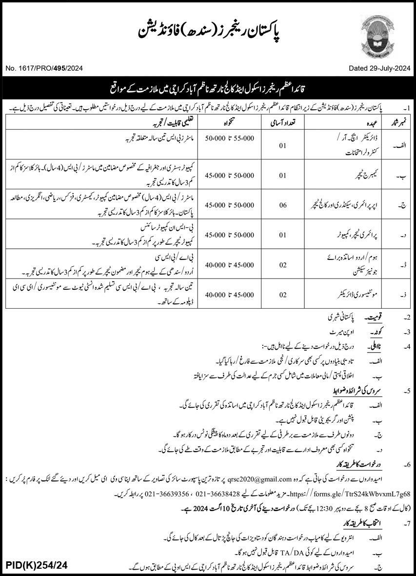 Quaid E Azam Rangers School & College Jobs In Karachi 2024 Detail
