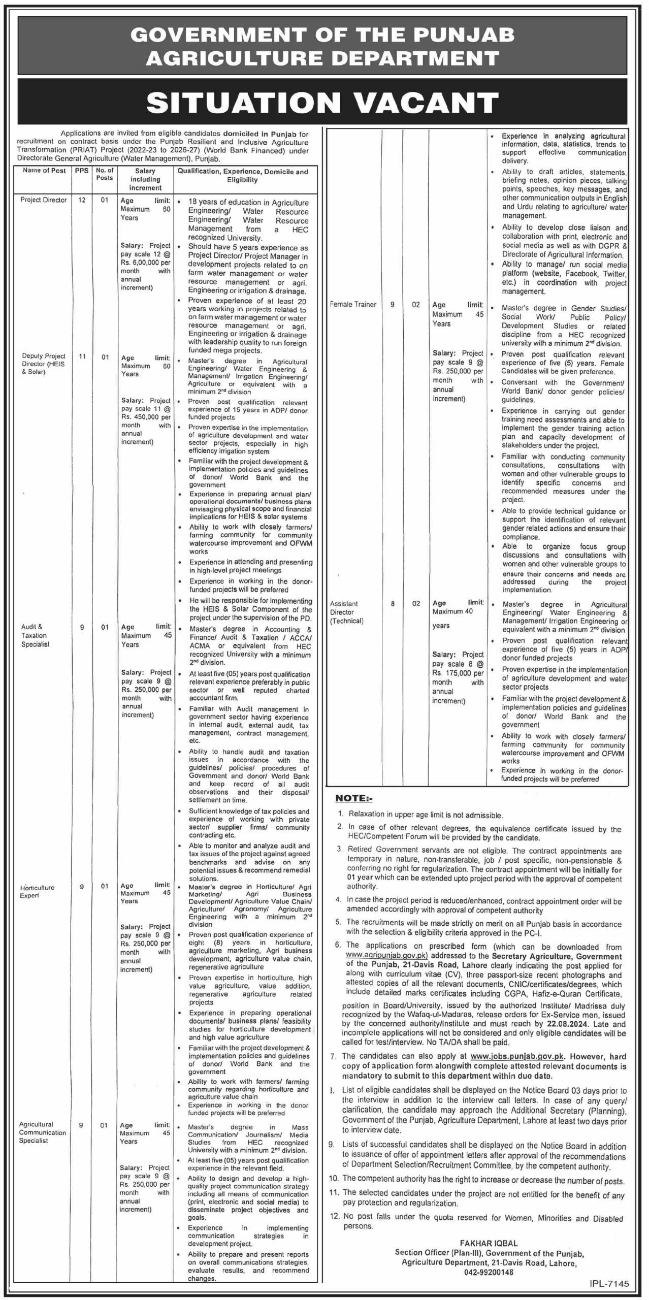 Agriculture Department Jobs In Lahore 2024 Detail
