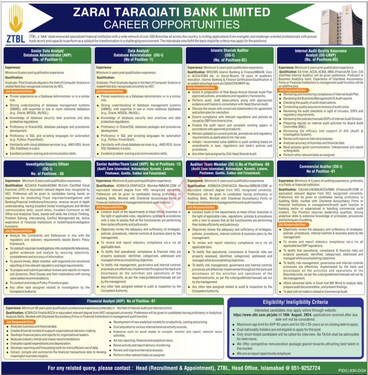 Zarai Taraqiati Bank Limited Jobs In Islamabad 2024 Detail