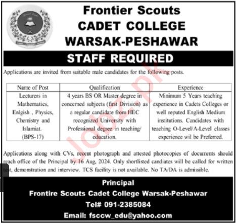 Frontier Scouts Cadet College Warsak Jobs In Peshawar 2024 Detail
