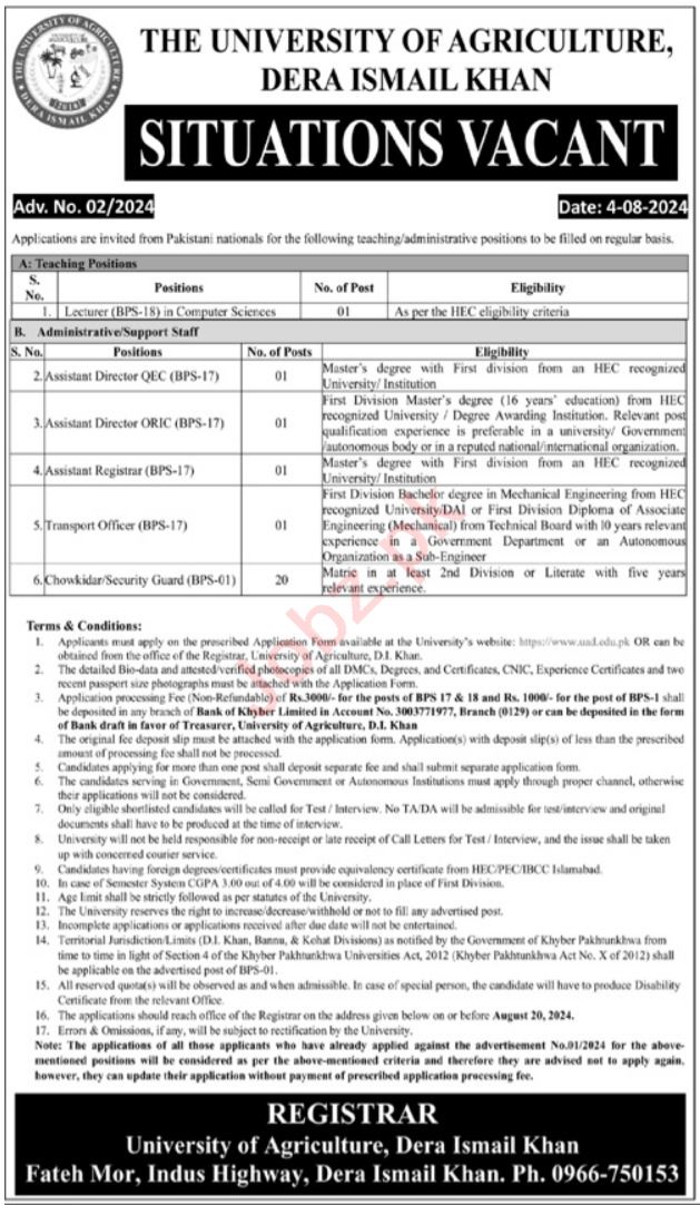University Of Agriculture Jobs In DI Khan 2024 Detail