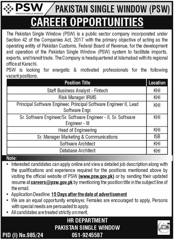 Pakistan Single Window Jobs In Karachi 2024 Detail