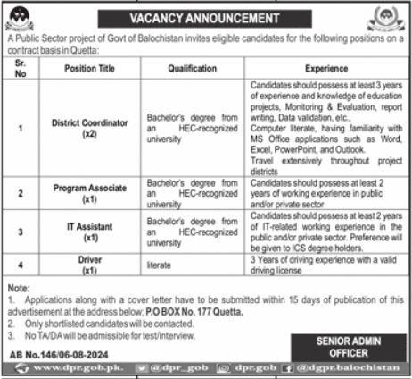 Public Sector Project Jobs In Quetta 2024 Detail