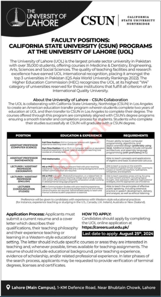 The University Of Lahore Jobs In Lahore 2024 Detail