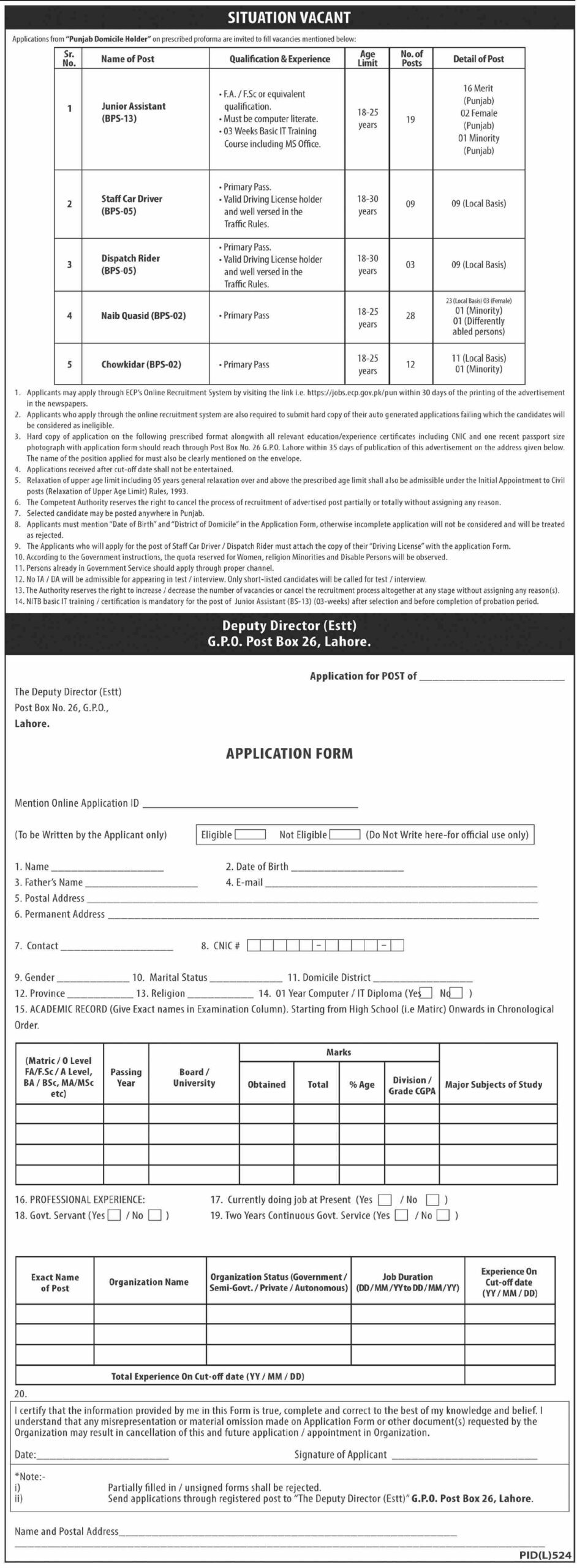 Election Commission Of Pakistan Jobs In Lahore 2024 Detail