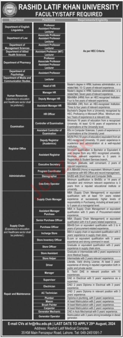 Rashid Latif Khan University Jobs In Lahore 2024 Detail