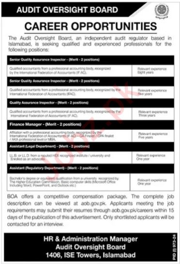 Audit Oversight Board Jobs In Islamabad 2024 Detail