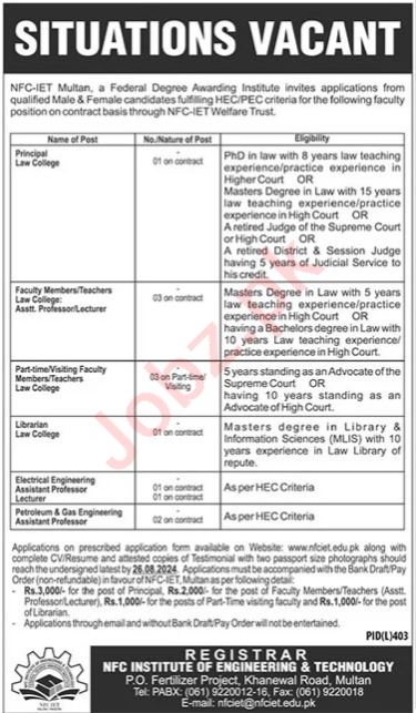 NFC Institute Of Engineering And Technology Jobs In Multan 2024 Detail