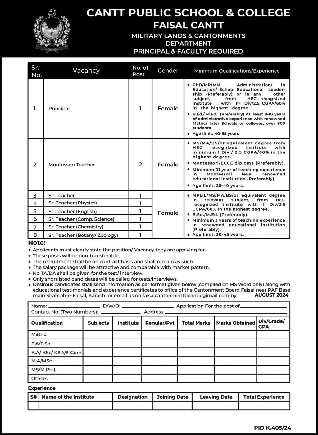Cantt Public School And College Jobs In Karachi 2024 Detail