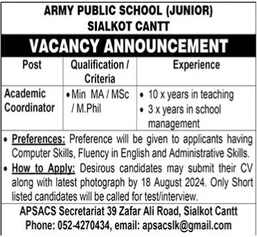 Army Public School Jobs In Sialkot 2024 Detail