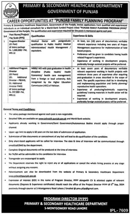 Primary And Secondary Healthcare Department Jobs In Lahore 2024 Detail