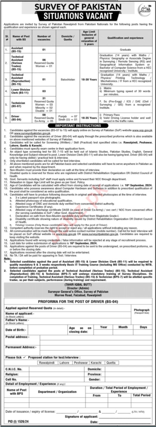 Survey of Pakistan Jobs In Rawalpindi 2024 Detail
