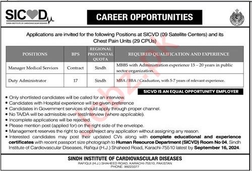 Sindh Institute of Cardiovascular Diseases Jobs In Karachi 2024 Detail