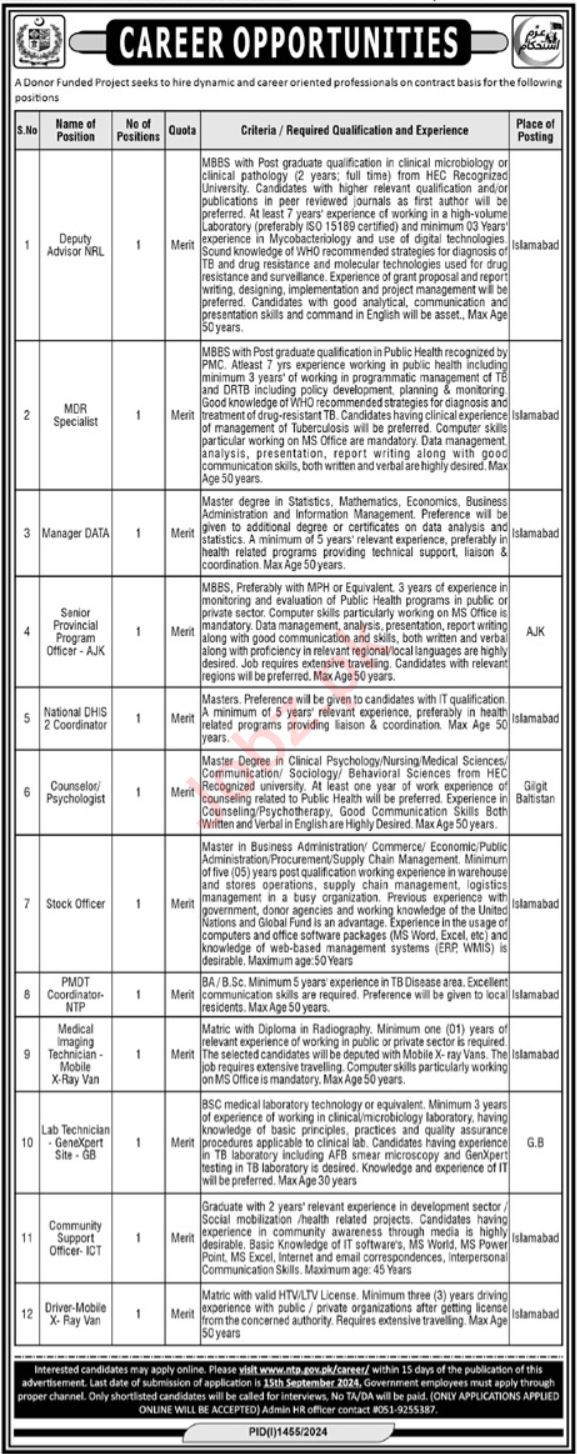 National TB Control Program NTP Jobs In Islamabad 2024 Detail