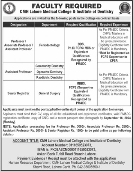 CMH Lahore Medical College Jobs In Lahore 2024 Detail
