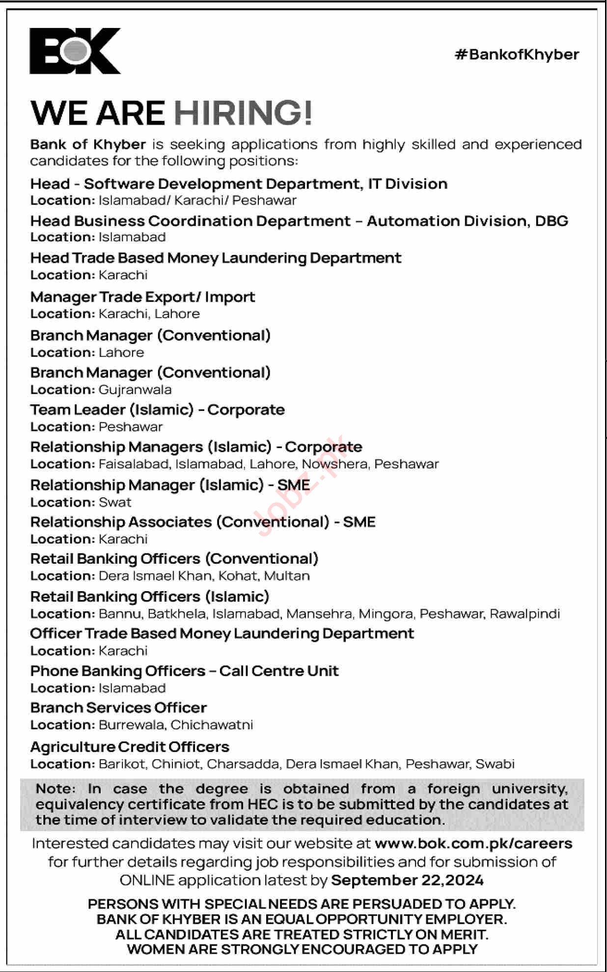 The Bank of Khyber BOK Jobs In Karachi 2024 Detail