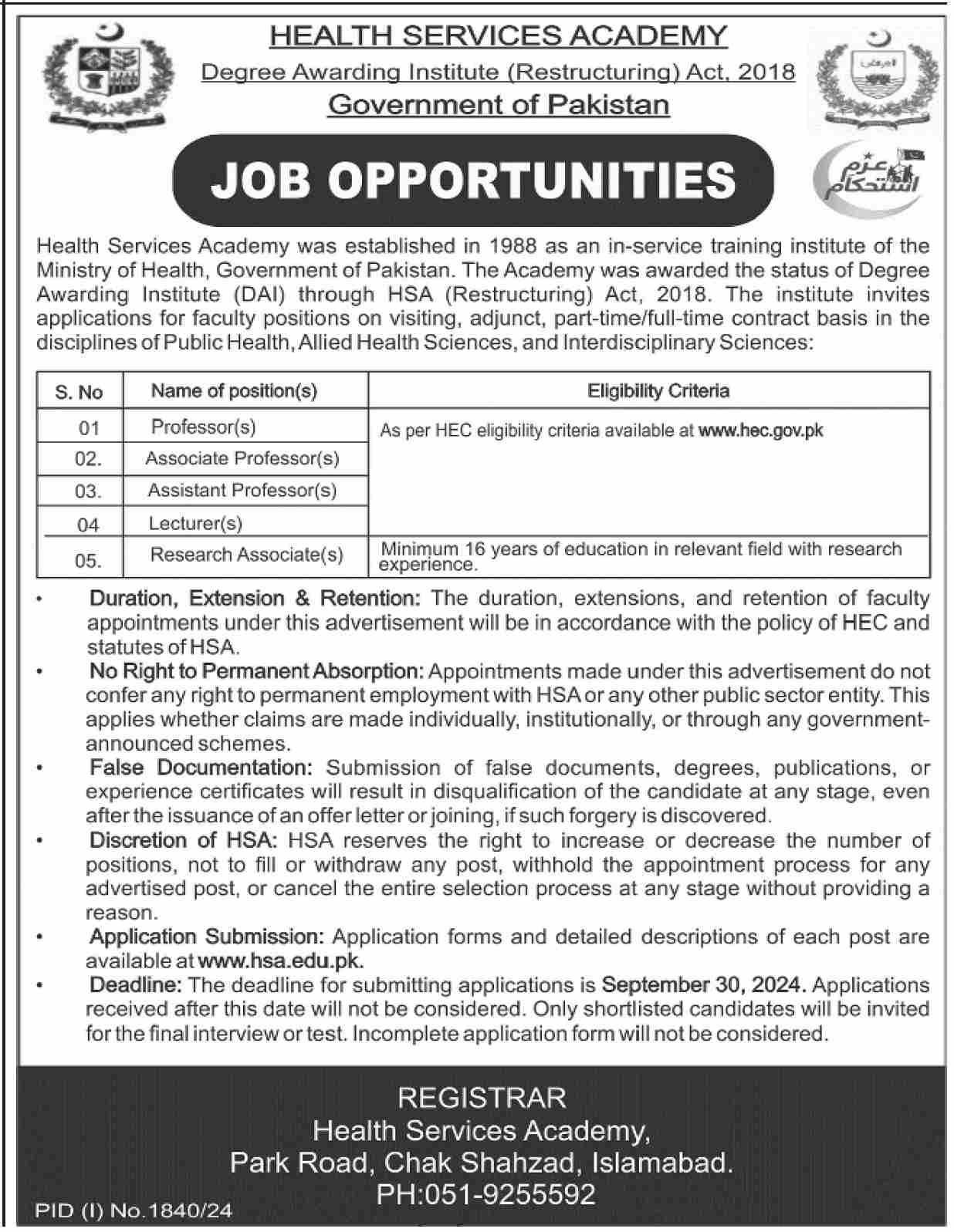Health Services Academy HSA Jobs In Islamabad 2024 Detail