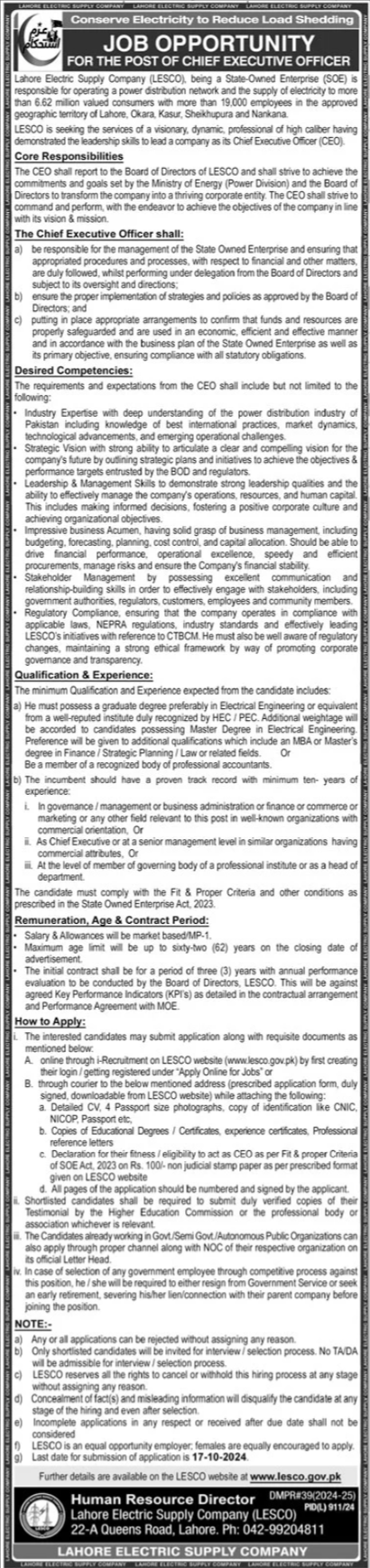 Lahore Electric Supply Company LESCO Jobs In Lahore 2024 Detail